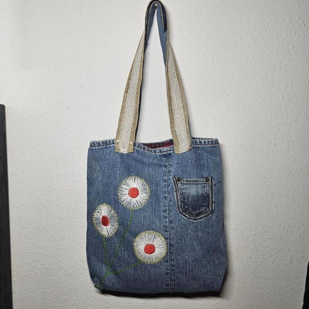 handmade flower floral denim cottage core tote bag